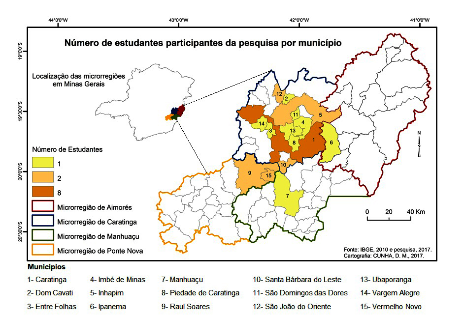 Mapa - municípios dos estudantes da pesquisa