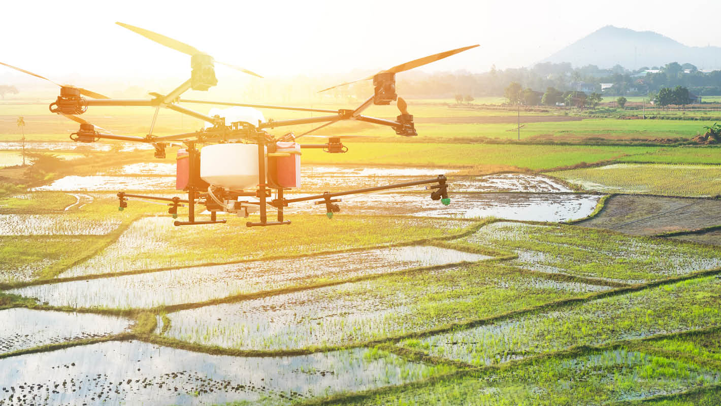 Drone sobrevoa terreno com muito verde e montanha ao fundo.