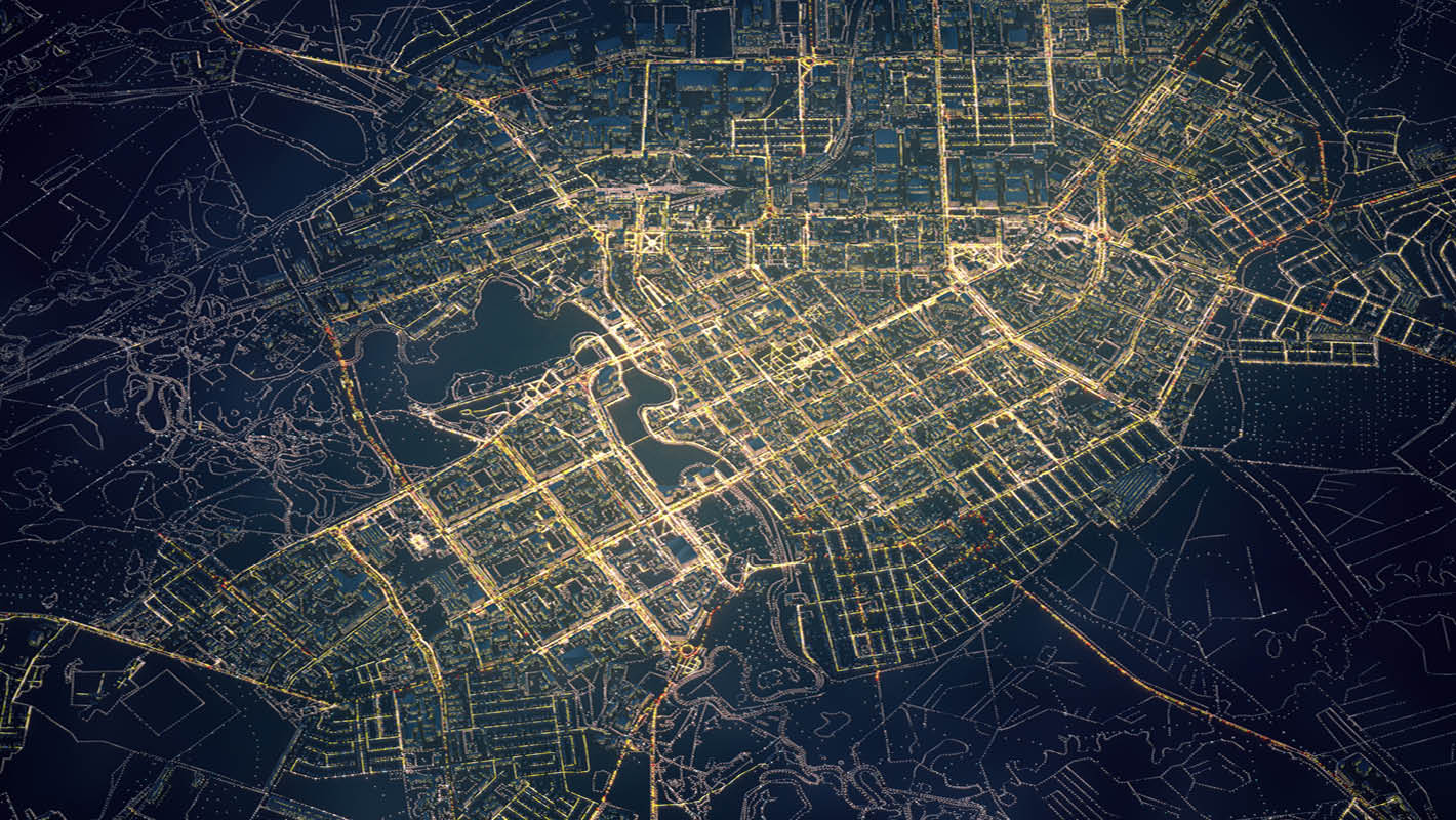 Visão panorâmica, mapa virtual da cidade com o tráfego de transporte em uma estrada a noite, luzes marcam as linhas das ruas
