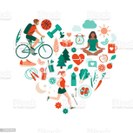 Healthy lifestyle and self-care concept with food, sports and nature icons arranged in a heart shape