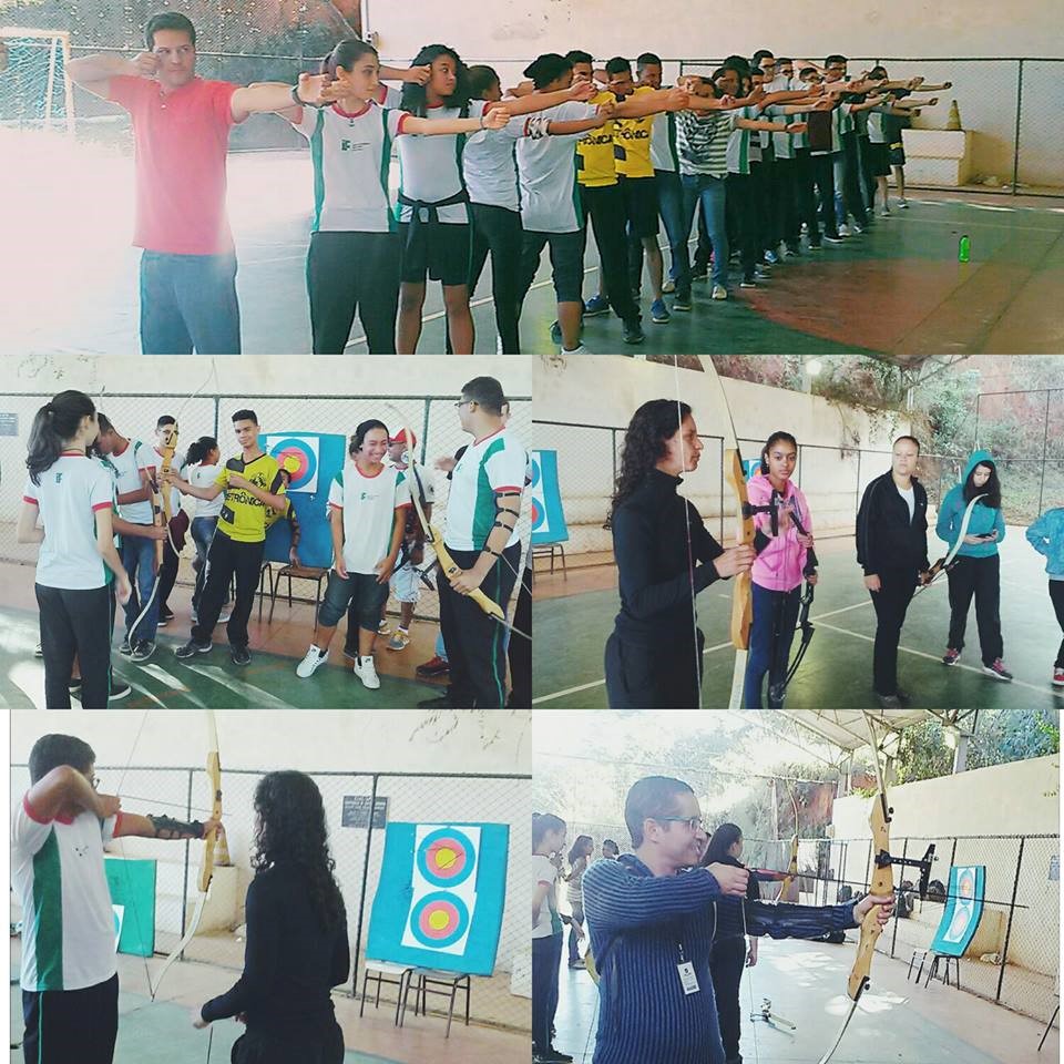 Estudantes e professores aprendendo o esporte Arco e Flecha